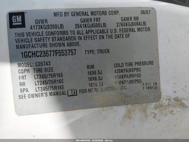 Aukcja sprzedaży 2007 Chevrolet Silverado 2500hd Lt2, vin: 1GCHC23677F553757, numer aukcji: 44978336