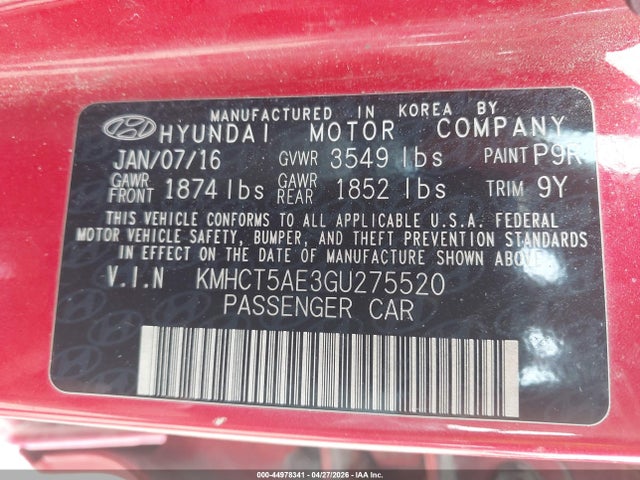 Aukcja sprzedaży 2016 Hyundai Accent Se, vin: KMHCT5AE3GU275520, numer aukcji: 44978341