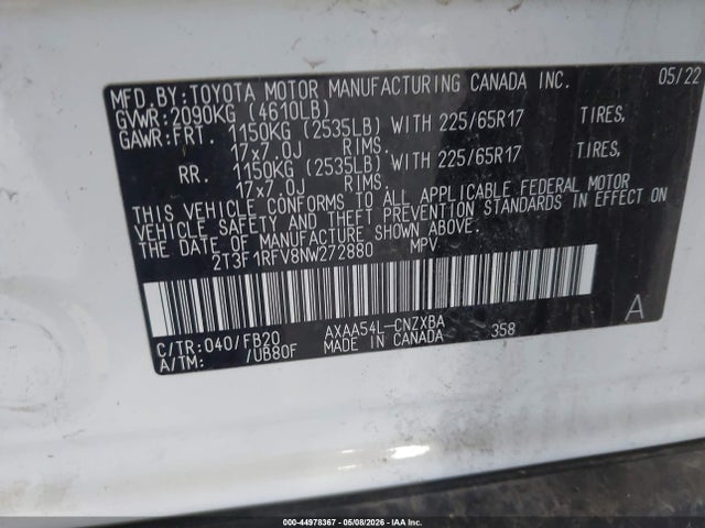 44978367 :رقم المزاد ، 2T3F1RFV8NW272880 vin ، 2022 Toyota Rav4 Le مزاد بيع