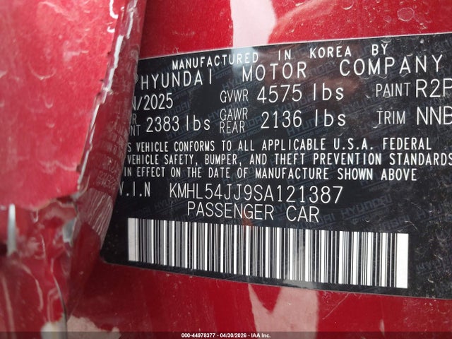 44978377 :رقم المزاد ، KMHL54JJ9SA121387 vin ، 2025 Hyundai Sonata Hybrid Limited مزاد بيع