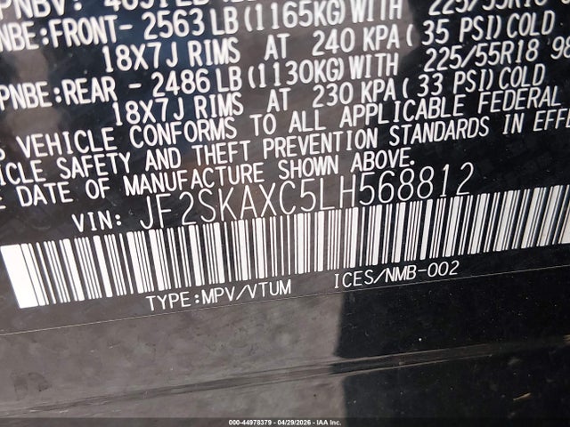 44978379 :رقم المزاد ، JF2SKAXC5LH568812 vin ، 2020 Subaru Forester Touring مزاد بيع