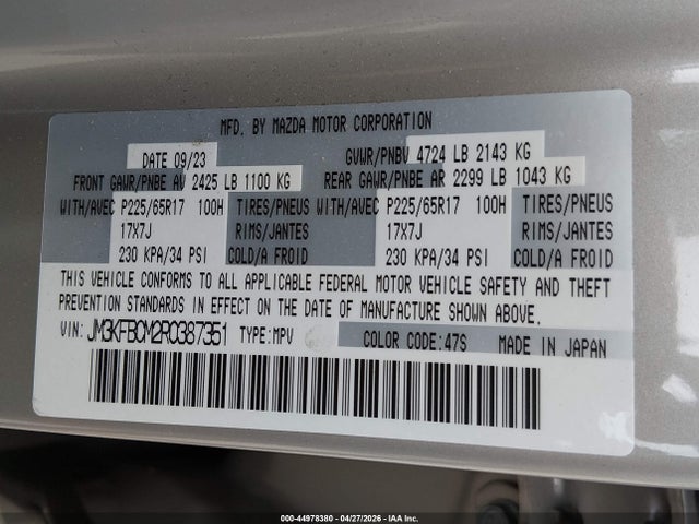 44978380 :رقم المزاد ، JM3KFBCM2R0387351 vin ، 2024 Mazda Cx-5 2.5 S Preferred مزاد بيع