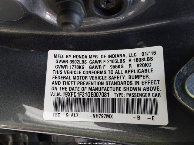 19XFC1F31GE007081 Honda Civic Ex-t