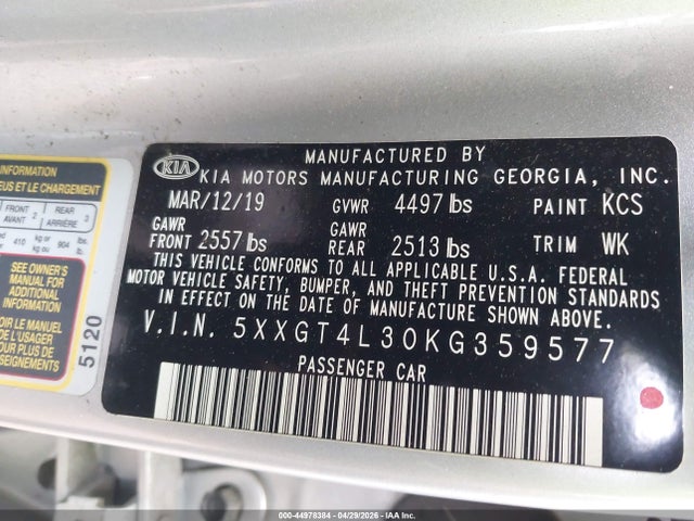 44978384 :رقم المزاد ، 5XXGT4L30KG359577 vin ، 2019 Kia Optima Lx مزاد بيع