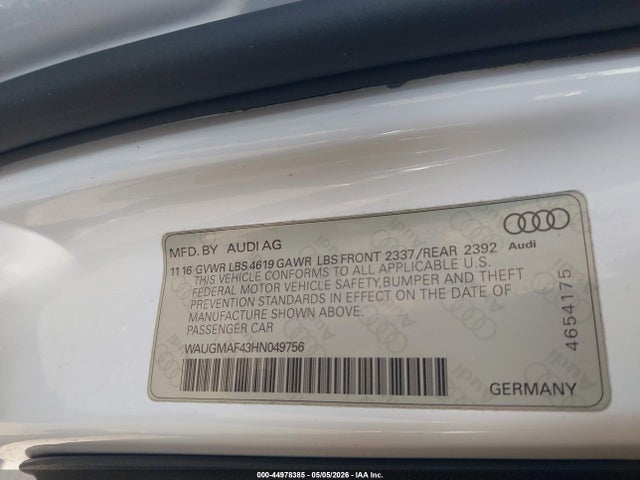 44978385 :رقم المزاد ، WAUGMAF43HN049756 vin ، 2017 Audi A4 2.0t Ultra Premium مزاد بيع