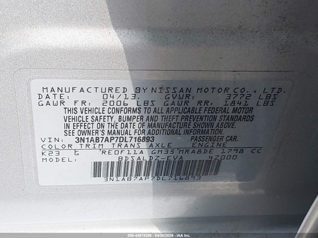 Продаж на аукціоні авто 2013 Nissan Sentra Sv, vin: 3N1AB7AP7DL716893, номер лоту: 44978396