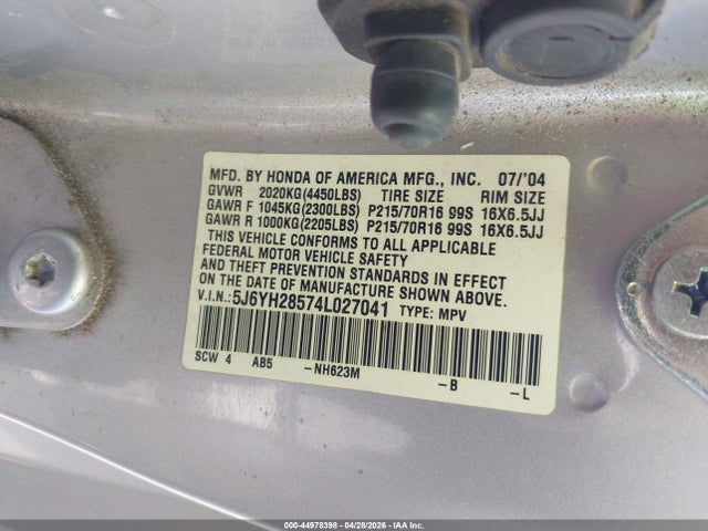 44978398 :رقم المزاد ، 5J6YH28574L027041 vin ، 2004 Honda Element Ex مزاد بيع