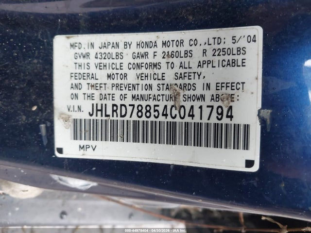 Aukcja sprzedaży 2004 Honda Cr-v Ex, vin: JHLRD78854C041794, numer aukcji: 44978404