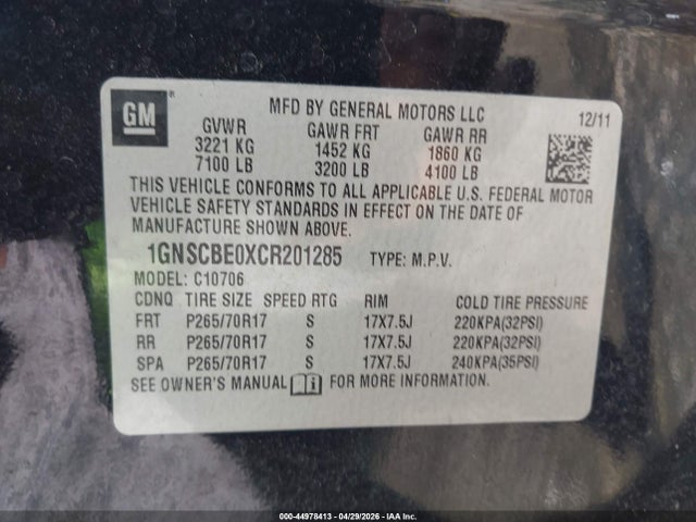 2012 Chevrolet Tahoe Lt მანქანა იყიდება აუქციონზე, vin: 1GNSCBE0XCR201285, აუქციონის ნომერი: 44978413