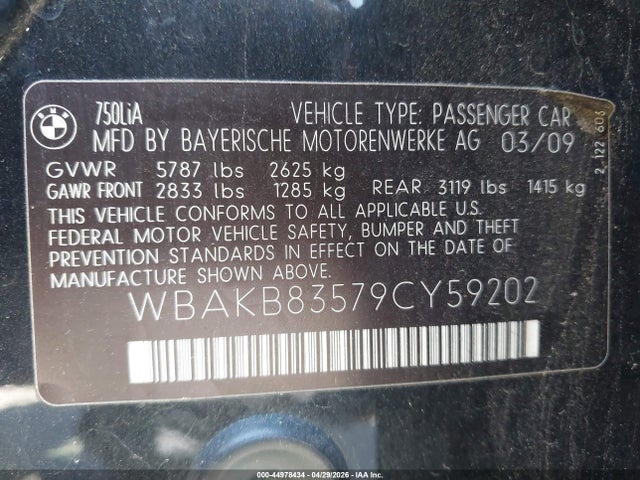 Продаж на аукціоні авто 2009 Bmw 750li, vin: WBAKB83579CY59202, номер лоту: 44978434