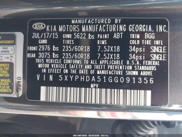 2016 Kia Sorento 3.3l Ex მანქანა იყიდება აუქციონზე, vin: 5XYPHDA51GG091356, აუქციონის ნომერი: 44978440