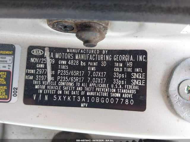 Aukcja sprzedaży 2011 Kia Sorento, vin: 5XYKT3A10BG007780, numer aukcji: 44978442