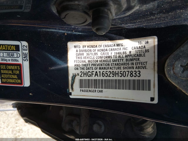 Aukcja sprzedaży 2009 Honda Civic Lx, vin: 2HGFA16529H507833, numer aukcji: 44978453