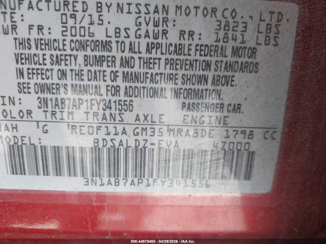 Aukcja sprzedaży 2015 Nissan Sentra Sv, vin: 3N1AB7AP1FY341556, numer aukcji: 44978465