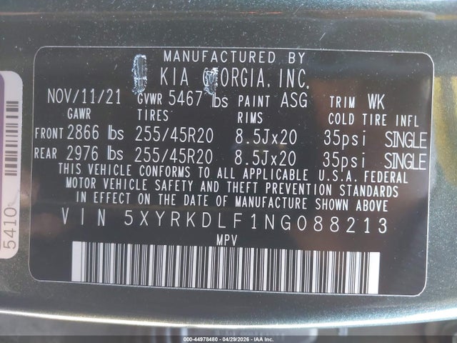 Aukcja sprzedaży 2022 Kia Sorento X-line Sx Prestige, vin: 5XYRKDLF1NG088213, numer aukcji: 44978480