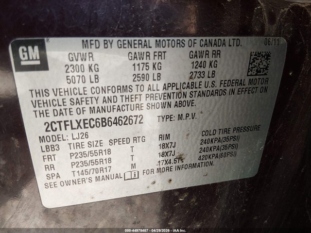 Aukcja sprzedaży 2011 Gmc Terrain Slt-2, vin: 2CTFLXEC6B6462672, numer aukcji: 44978487
