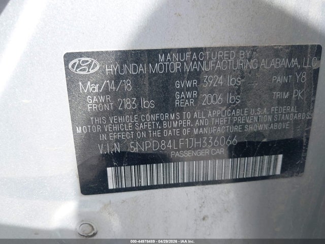 Aukcja sprzedaży 2018 Hyundai Elantra Sel, vin: 5NPD84LF1JH336066, numer aukcji: 44978489