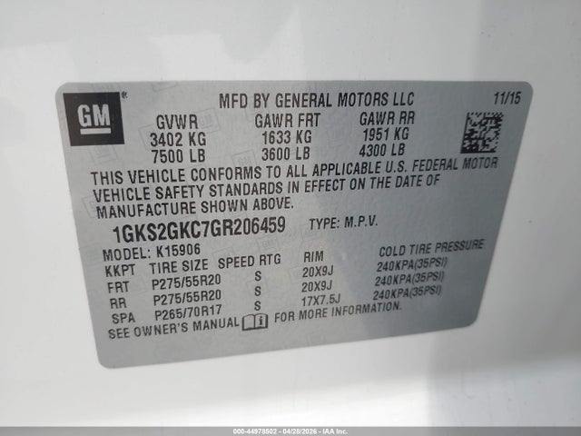 1GKS2GKC7GR206459 GMC Yukon Xl Slt