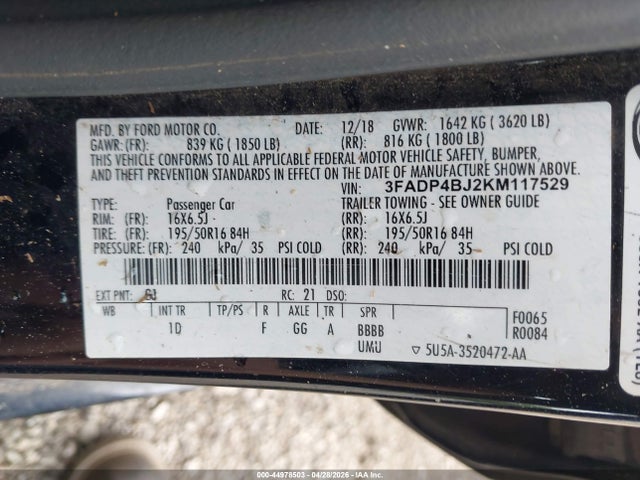44978503 :رقم المزاد ، 3FADP4BJ2KM117529 vin ، 2019 Ford Fiesta Se مزاد بيع