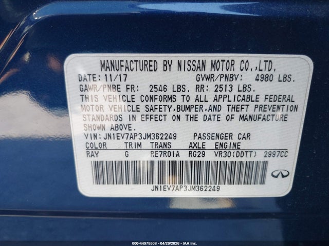 44978508 :رقم المزاد ، JN1EV7AP3JM362249 vin ، 2018 Infiniti Q50 3.0t Sport مزاد بيع