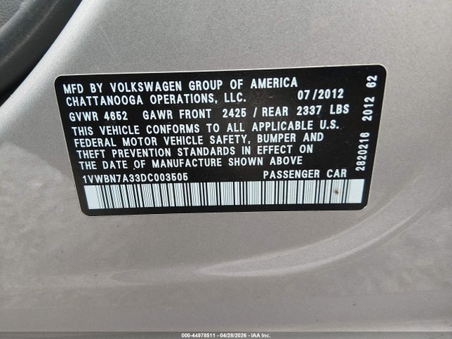 44978511 :رقم المزاد ، 1VWBN7A33DC003505 vin ، 2013 Volkswagen Passat 2.0l Tdi Se مزاد بيع