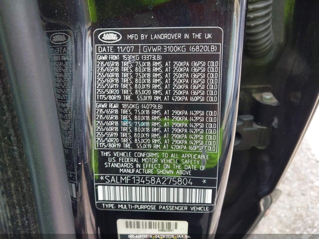 Aukcja sprzedaży 2008 Land Rover Range Rover Supercharged, vin: SALMF13458A275804, numer aukcji: 44978516
