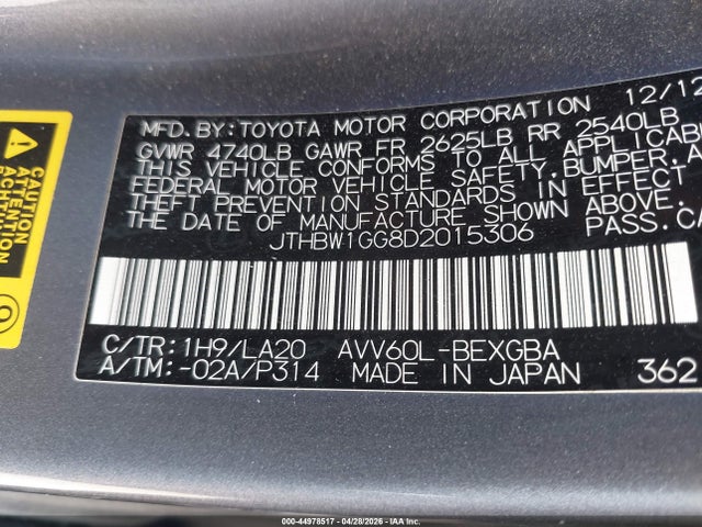 44978517 :رقم المزاد ، JTHBW1GG8D2015306 vin ، 2013 Lexus Es 300h مزاد بيع