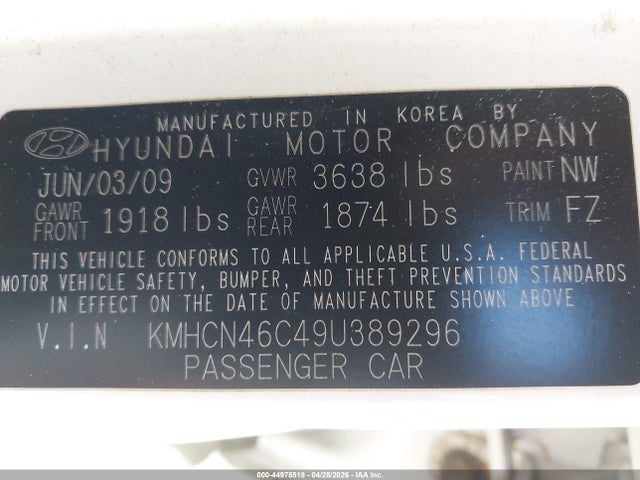 Продаж на аукціоні авто 2009 Hyundai Accent Gls, vin: KMHCN46C49U389296, номер лоту: 44978518