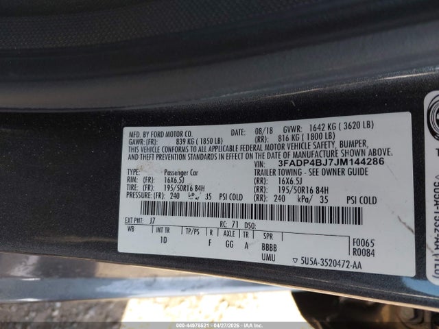 Ford FIESTA SE 2018 3FADP4BJ7JM144286 Image 9