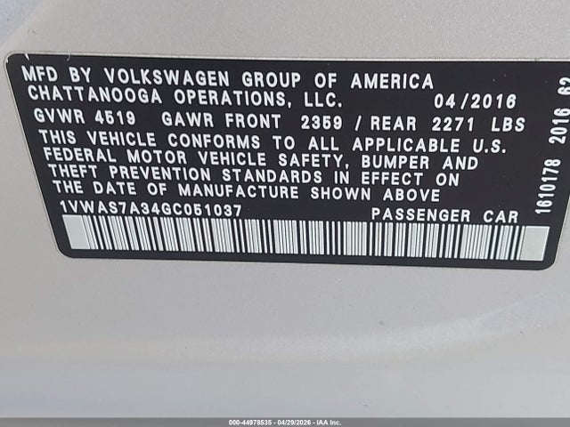 44978535 :رقم المزاد ، 1VWAS7A34GC051037 vin ، 2016 Volkswagen Passat 1.8t S مزاد بيع