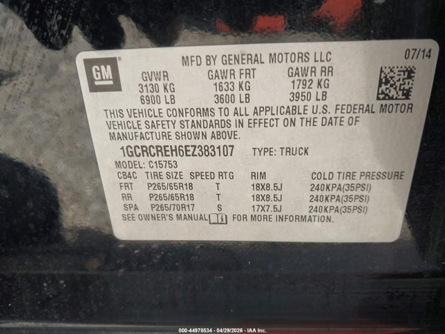 44978534 :رقم المزاد ، 1GCRCREH6EZ383107 vin ، 2014 Chevrolet Silverado 1500 2lt مزاد بيع