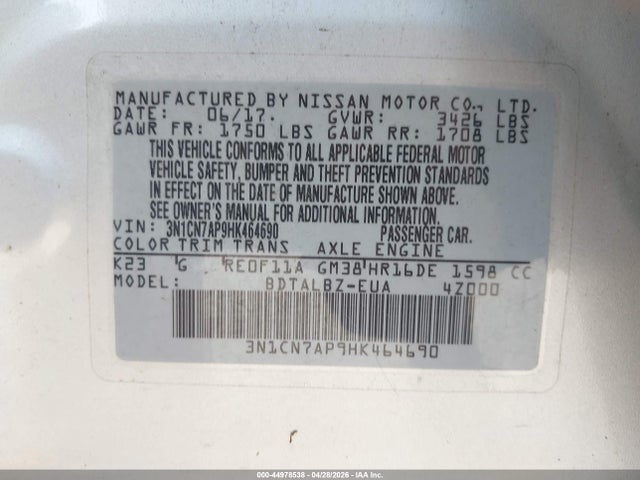 44978538 :رقم المزاد ، 3N1CN7AP9HK464690 vin ، 2017 Nissan Versa 1.6 Sv مزاد بيع