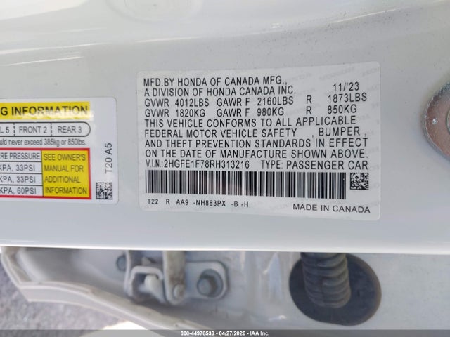 Honda CIVIC EX 2024 2HGFE1F78RH313216 Image 9