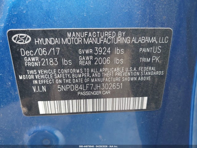 44978540 :رقم المزاد ، 5NPD84LF7JH302651 vin ، 2018 Hyundai Elantra Value Edition مزاد بيع