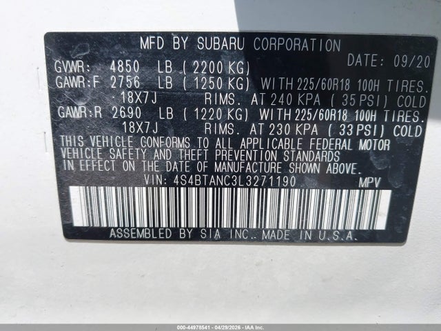 Продаж на аукціоні авто 2020 Subaru Outback Limited, vin: 4S4BTANC3L3271190, номер лоту: 44978541