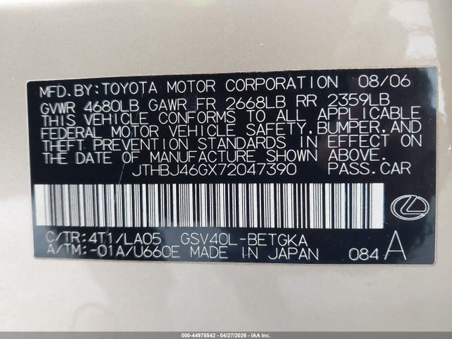 44978542 :رقم المزاد ، JTHBJ46GX72047390 vin ، 2007 Lexus Es 350 مزاد بيع