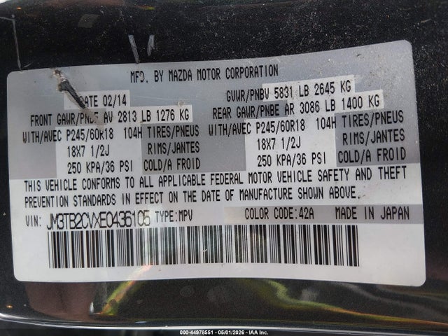 44978551 :رقم المزاد ، JM3TB2CVXE0436105 vin ، 2014 Mazda Cx-9 Touring مزاد بيع
