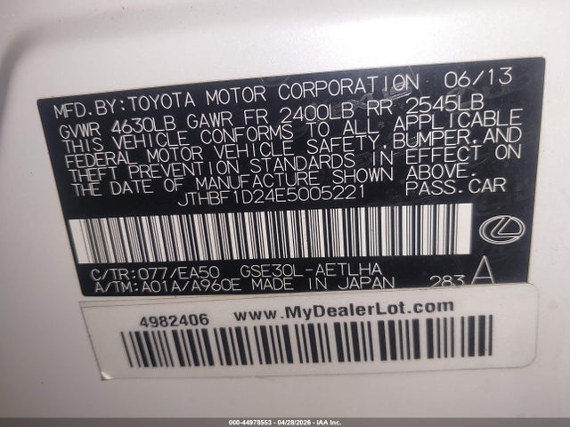 44978553 :رقم المزاد ، JTHBF1D24E5005221 vin ، 2014 Lexus Is 250 مزاد بيع