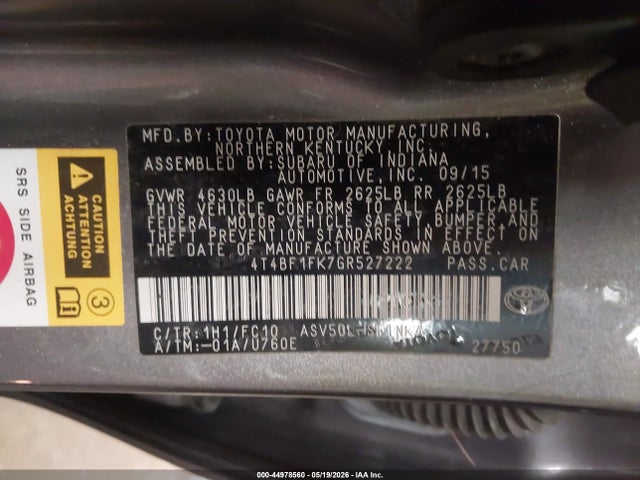 2016 Toyota Camry Le მანქანა იყიდება აუქციონზე, vin: 4T4BF1FK7GR527222, აუქციონის ნომერი: 44978560