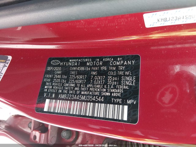 Aukcja sprzedaży 2021 Hyundai Tucson Se, vin: KM8J23A45MU354544, numer aukcji: 44978559