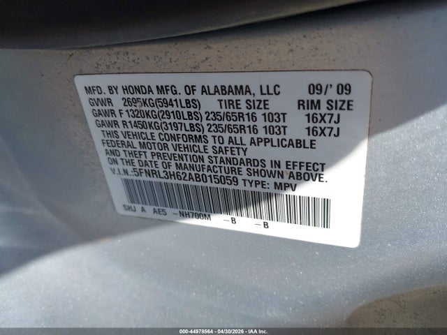 44978564 :رقم المزاد ، 5FNRL3H62AB015059 vin ، 2010 Honda Odyssey Ex-l مزاد بيع