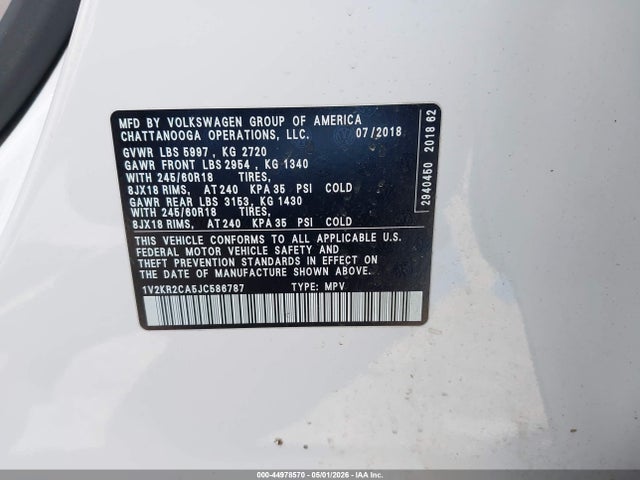 Aukcja sprzedaży 2018 Volkswagen Atlas 3.6l V6 Se, vin: 1V2KR2CA5JC586787, numer aukcji: 44978570