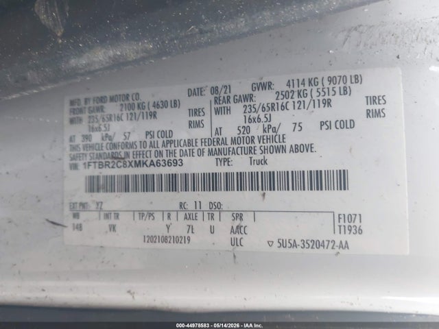 Aukcja sprzedaży 2021 Ford Transit-250, vin: 1FTBR2C8XMKA63693, numer aukcji: 44978583
