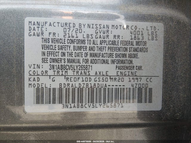 Aukcja sprzedaży 2020 Nissan Sentra Sv Xtronic Cvt, vin: 3N1AB8CV5LY265871, numer aukcji: 44978586
