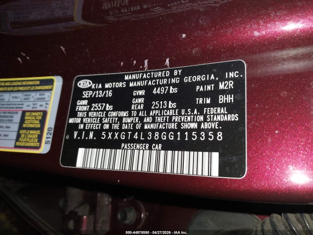 5XXGT4L38GG115358 KIA Optima Lx