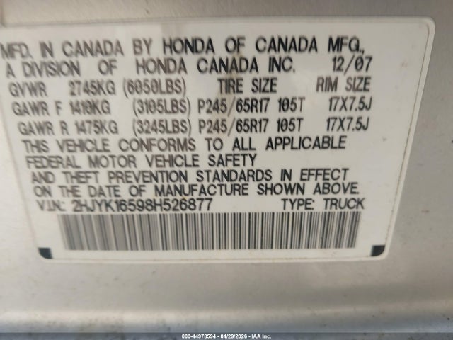 Продаж на аукціоні авто 2008 Honda Ridgeline Rtl, vin: 2HJYK16598H526877, номер лоту: 44978594