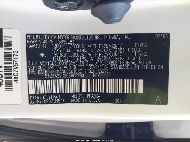 44978597 :رقم المزاد ، 5TDBA22C26S063289 vin ، 2006 Toyota Sienna Xle Limited مزاد بيع