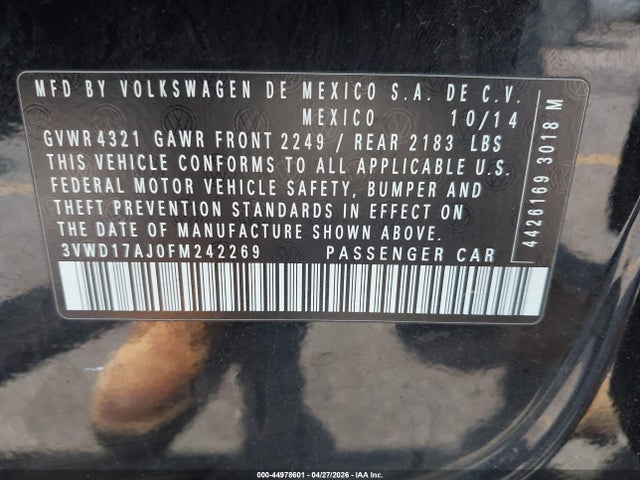 Продаж на аукціоні авто 2015 Volkswagen Jetta 1.8t Se, vin: 3VWD17AJ0FM242269, номер лоту: 44978601