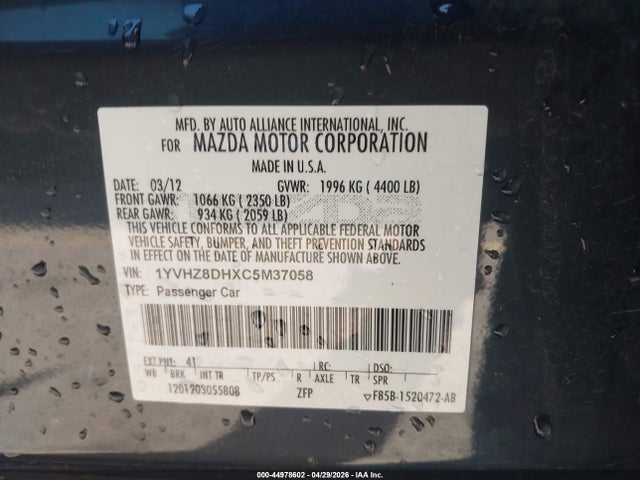 44978602 :رقم المزاد ، 1YVHZ8DHXC5M37058 vin ، 2012 Mazda Mazda6 I Touring مزاد بيع