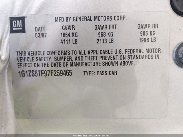 Продаж на аукціоні авто 2007 Chevrolet Malibu Ls, vin: 1G1ZS57F97F259465, номер лоту: 44978605